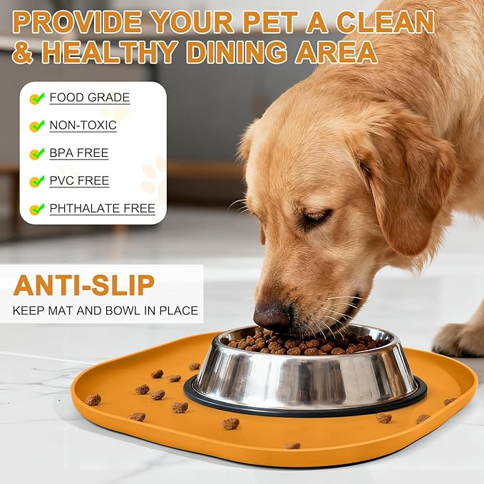 SMILOOL Silicone Pet Feeding Mat with Raised Edge for Food and Water, Dog Bowl Mats, Cat Bowls Placemat with High Lip for Floor Waterproof, Rubber Tray for Cats and Dogs 12 x 12 x 0.7 Orange