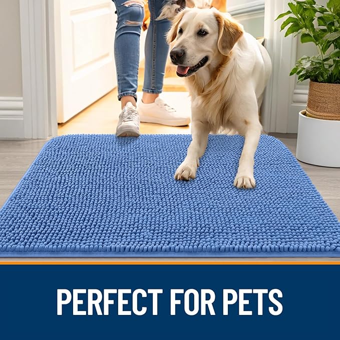 OLANLY Dog Door Mat for Muddy Paws 47x24, Absorbs Moisture and Dirt, Absorbent Non-Slip Washable Doormat, Quick Dry Chenille Mud Mat, Entry Indoor Entryway Carpet for Inside Floor, Cornflower Blue