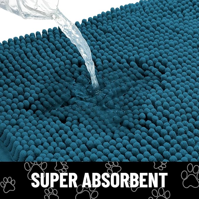 Smiry Dog Door Mat for Muddy Paws, Absorbent Dirt Trapper Non Slip Quick Dry Washable Chenille Mat for Mud Dogs, Entry Rug for Indoor and Outdoor (36x24 Inches, Atlantic Blue and White)