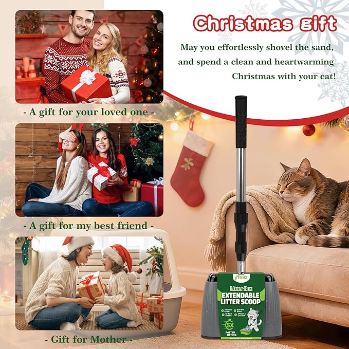 XBX Long Handle Cat Litter Scoop with Holder, Adjustable Extendable Metal Litter Scooper, Stainless Steel Shovel Sifter for Litter Box Cleaning, Durable Cat Pooper Scooper for Home Use