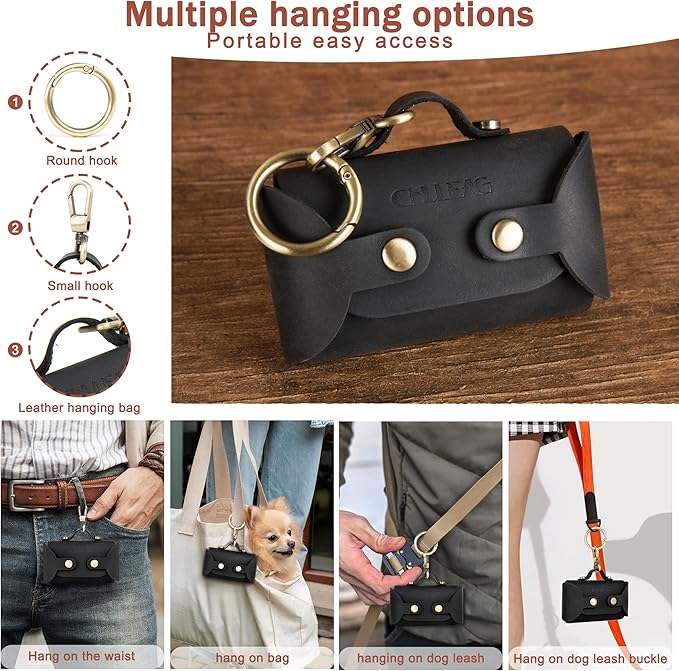 Handmade Leather Dog Poop Bag Dispenser with Belt Attachment,Durable, Stylish Waste Bag Holder, Dog Walkers, Brass Metal Clip, Charcoal Black