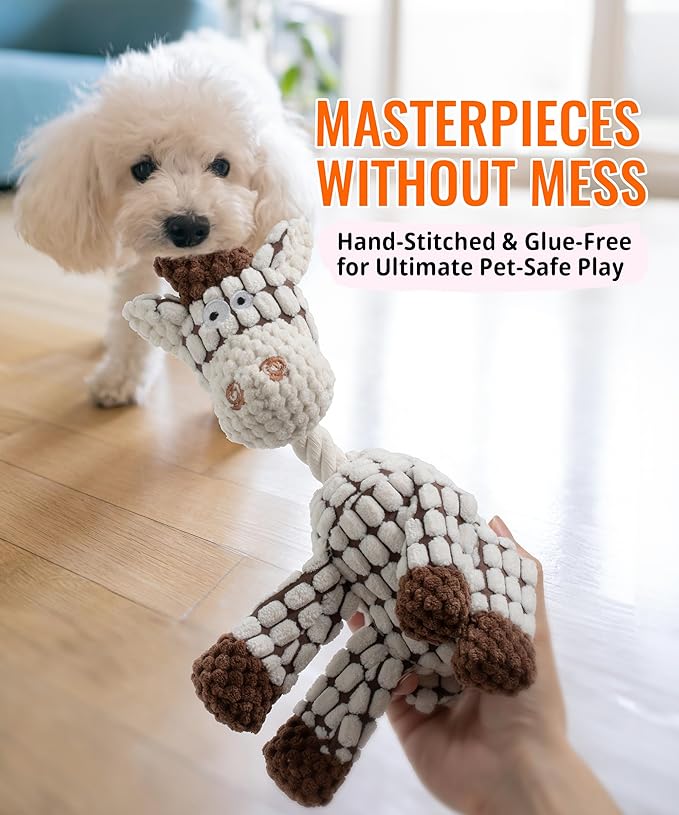 Squeaky Plush Dog Toys - Adorable Animal Designs with Soft Cotton Filling, Cute Stuffed Dog Chew Toys for Small, Medium Non-Aggressive Chewing Dogs Chewer (White - Giraffe/Lamb)