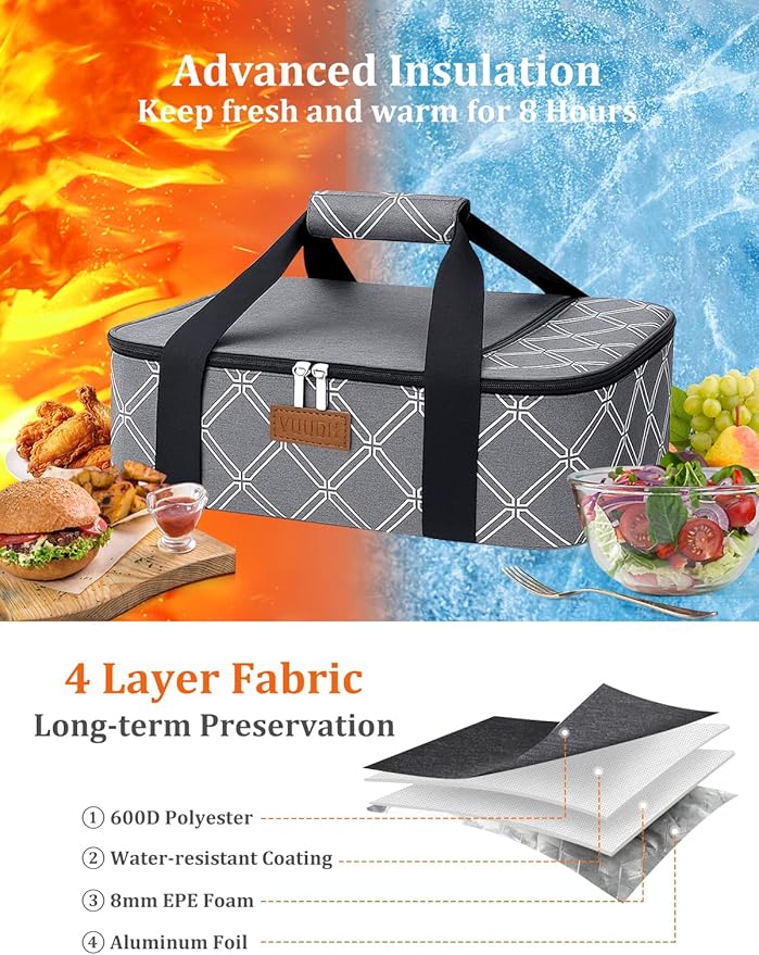 Vuudh Casserole Carrier Bag, Single Insulated Food Bag, Hot Cold Lasagna Holder Tote for Picnic, Potluck or Travel, Lightweight Picnic Bag