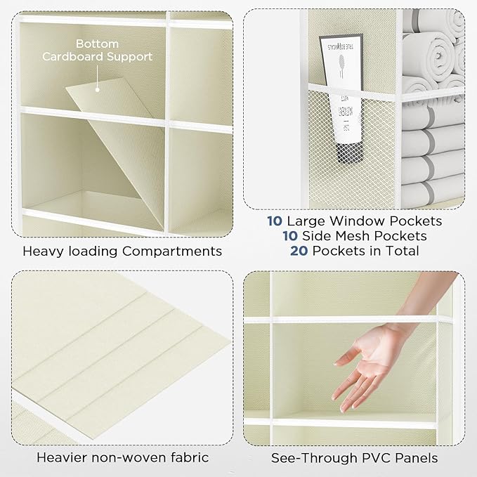 PureSpace 5-Tier Over The Door Organizer with 10 Side Mesh Pockets & Clear Windows, 80 lb Weight Capacity Hanging Storage for Bathroom, Bedroom, Nursery, Kitchen, Organize Toys (Clear Beige)