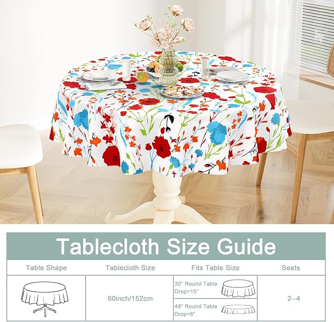 misaya Round Waterproof Vinyl Table Cloth, Wipeable Tablecloth with Flannel Backing, Plastic Table Cover for Dinner, Picnic, Indoor and Outdoor (Flowers, 60")