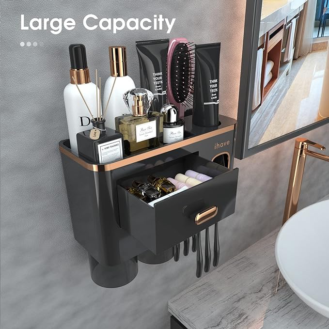 iHave Toothbrush Holders Wall Mounted with Toothpaste Dispenser & 2 Cups - Luxury Black and Gold Design for Bathroom Decor, All-in-One Bathroom Organizers & Storage for Toothbrushes and Accessories