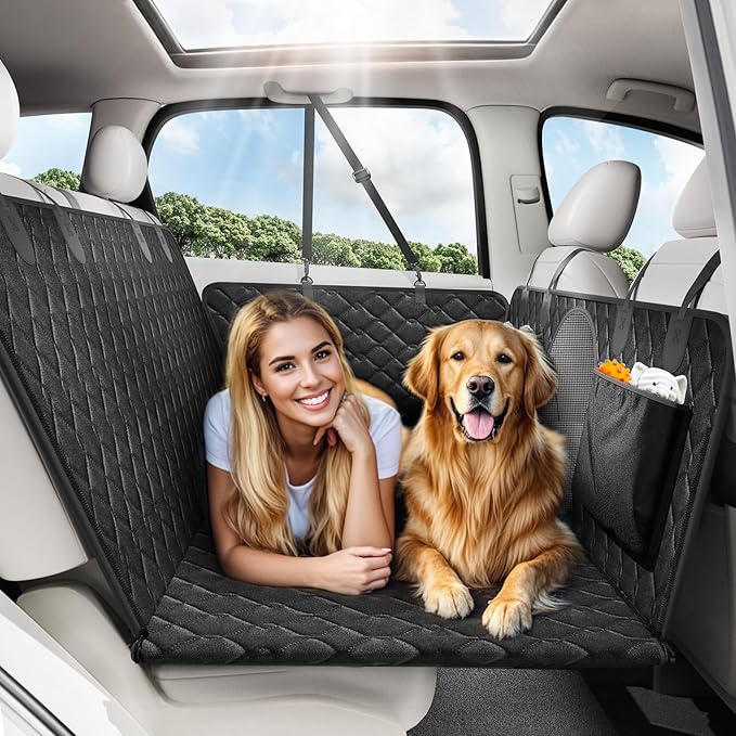 Back Seat Extender for Dogs, Dog Car Seat Cover for Back Seat Hard Bottom - Holds 330lbs Waterproof Cover for Dogs with Mesh Window & Pocket, Dog Hammock for Car, Small Truck, Black + Black