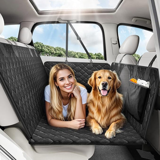 Back Seat Extender for Dogs, Dog Car Seat Cover for Back Seat Hard Bottom - Holds 330lbs Waterproof Cover for Dogs with Mesh Window & Pocket, Dog Hammock for Car, Small Truck, Black + Black