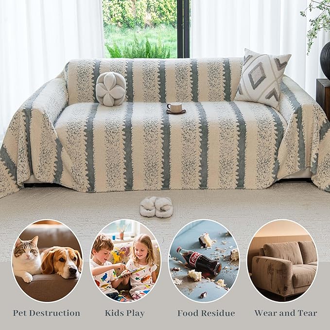 Sherpa Fleece Couch Cover for 3 Cushion Sofa, Gray, 71" x 134" - Pet Proof Sofa Covers Heavy Duty Scratch Resistant Pet Friendly Furniture Cover - Easy Install, Machine Washable