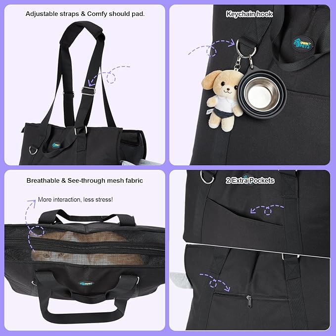 Ownpets Large Dog Purse Carrier, Carrier with Pockets for Medium Pets for Travel Vet Shopping, Fits 18-20 lbs, Cat and Dog Tote Bag, Women's Hands-Free Pet Carrier Bag, (Black)