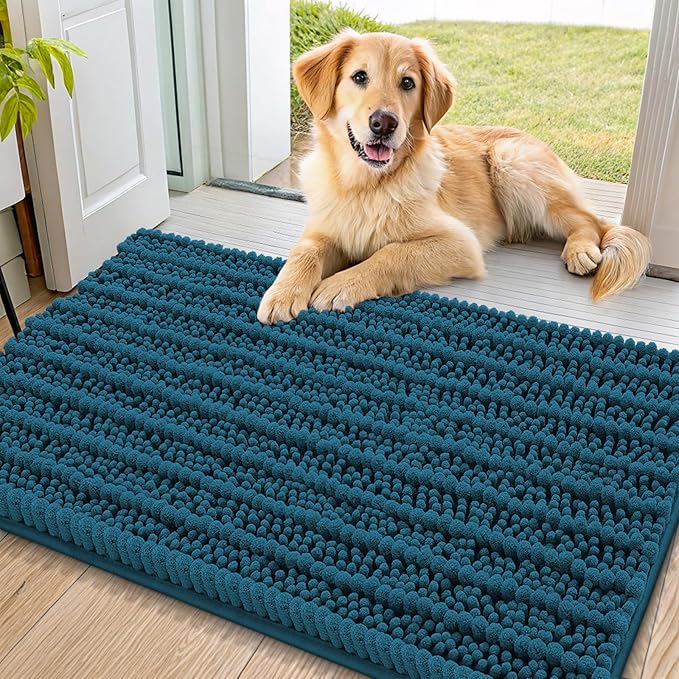 Smiry Dog Door Mat for Muddy Paws 36x24, Extra Soft Absorbent Chenille Doormat, Trap Moisture and Dirt, Non-Slip Machine Washable Front Door Mat for Indoor Entrance Inside Floor, Atlantic Blue