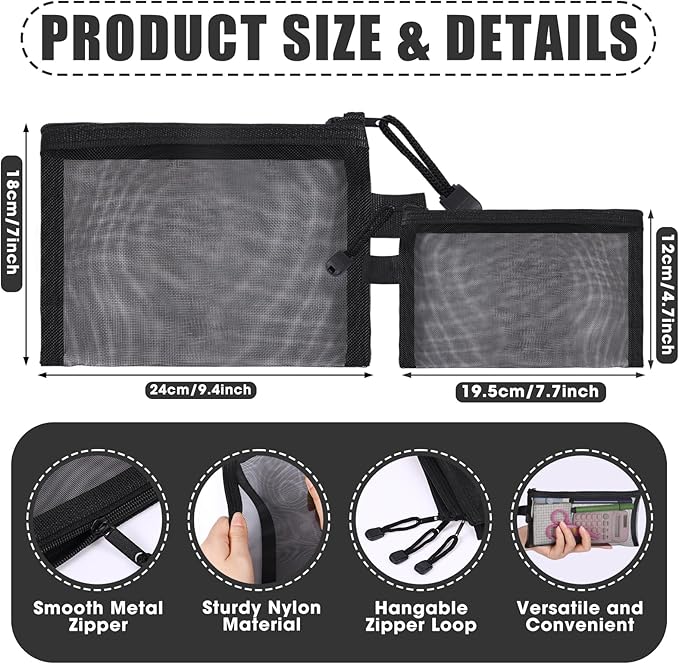Leelosp 80 Pcs Mesh Zipper Pouch Bulk Back to School Pencil Storage Pouch Mesh Cosmetics Bags Toiletry Makeup Bags for Office Travel Organization(Black,7.7 x 4.7 Inch, 9.5 x 7.1 Inch)