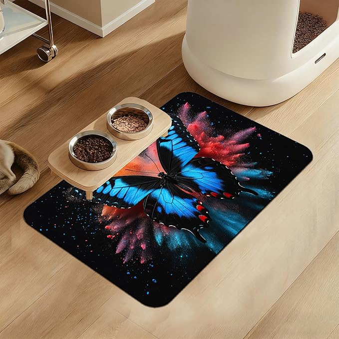 Blue Butterfly on Blooming Pet Feeding Mat– Quick Dry Absorbent Dog Cat Food Mat, Non Slip Waterproof Bowl Placemat for Messy Eaters, Pet Accessories for Floors 12"x20"