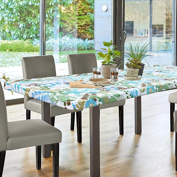 misaya Rectangle Vinyl Tablecloth, Fitted Table Cover, 100% Waterproof, Elastic Edge, Flannel Backing, Table Cloth Fit 6 Foot Folding Tables for Picnic, Outdoor (Leaves, 30x72 inch)