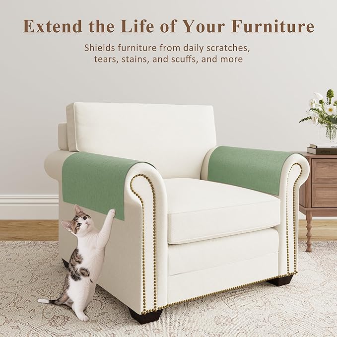 SPWIY Couch Arm Covers Anti-Scratch & Stain Resistant Furniture Protector for Sofa 2 Pieces Washable Linen Recliner Armrest Cover for Pets Chair Arm Covers, Light Sage,20" W x 24" L