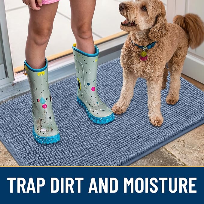 Smiry Dog Door Mat for Muddy Paws 71x46, Absorbs Moisture and Dirt Doormat, Non-Slip Washable Quick Dry Chenille Front Door Mat Indoor Entrance, Entryway Carpet for Inside Floor, Airy Blue