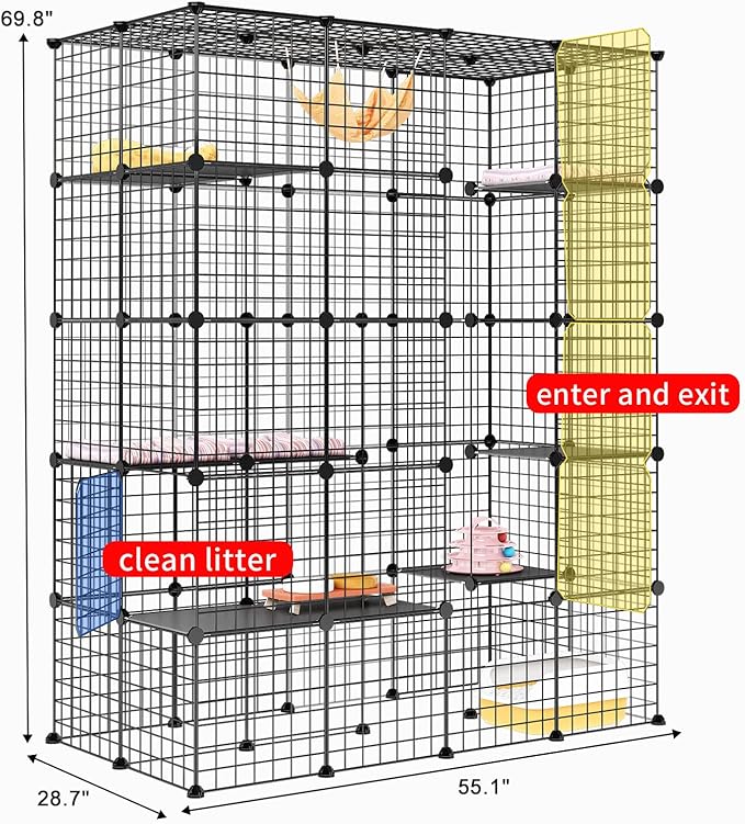 Oneluck Large Outdoor Cat House Catio Enclosure, DIY Cage Kennels Crate Spacious Exercise Place Ideal for 1-6 Cats, 55.1" L x 28.7" W x 69.8" H Balcony Playpen with 16 Platforms Super Large Door