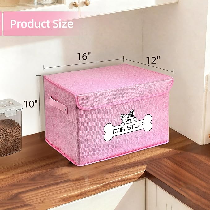 Thankspaw Fabric Dog Toy Box with Lid, Collapsible Storage Bin, Basket Organizer with Handle for Dog Toys, Blankets and Accessories, Pink