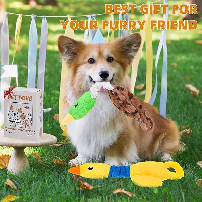 Mihachi Squeaky Dog Toys 2 Pack, Plush Stuffed Puppy Toys with Crinkle Paper-Tug of War Dog Toys for Small, Medium and Large Dogs Duck Interactive Squeaky Pet Toys to Keep Them Busy, Wild+Yellow Duck