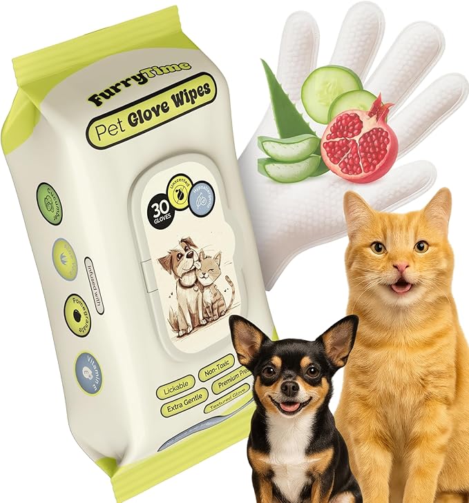 FURRYTIME Pet Cleaning Glove Wipes for Dogs & Cats, 30 Gloves, Hypoallergenic Pet Wipes Disposable No-Rinse Grooming, Extra Thick Bathing Wipes, Pet Dry Cleaning Paws, Coat, Ears, Eye Area, Butt