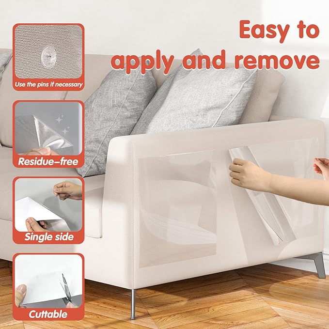 12 PCS Large Cat Scratch Furniture Protector, Transparent Couch Protector from Cat Claws, Single-Sided Self Adhesive Anti Pet Deterrent Sofa Cover, 17IN