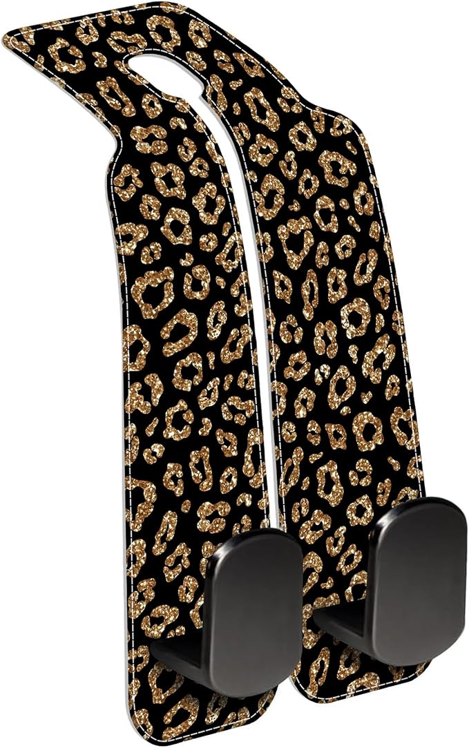 AEWNUNK Car Headrest Purse Hanger Abstract Gold Glitter Leopard 1 Pack Bag Purse Holder for Car Premium Leather Double Metal Hook for Handbags, Grocery Bags and Phones