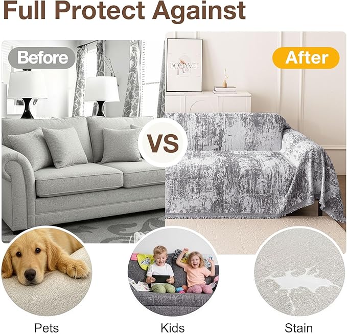 hyha Couch Cover for Dogs, Boho Sofa Covers for 3 Cushion Couch Washable, Chenille Sofa Slipcover for Pets, Soft Loveseat Sectional Couch Throw Blankets with Tassels (Dark Grey/White, 71x150 Inch)