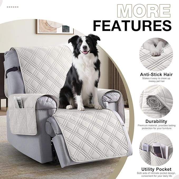 TAOCOCO 100% Waterproof Recliner Chair Cover, Small Recliner Covers for Recliner Chair with Pocket, Non Slip Reclining Chair Cover Furniture Protector for Kids, Pets(20'', Off White)