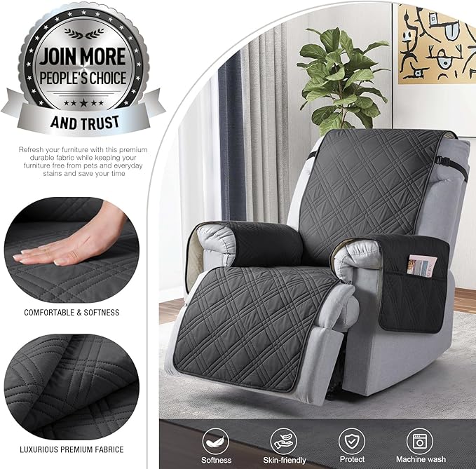 TAOCOCO 100% Waterproof Recliner Chair Covers, Non Slip Recliner Covers for Recliner Chair with Pocket, Washable Reclining Chair Cover Furniture Protector for Kids,Dogs(25'', Charcoal Gray)