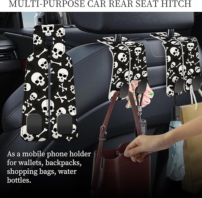 PU Leather Car Seat Hook, Storage Headrest Hanger, Cute Car Backseat Organizer, Car Hooks For Purses and Bags White Skull Black