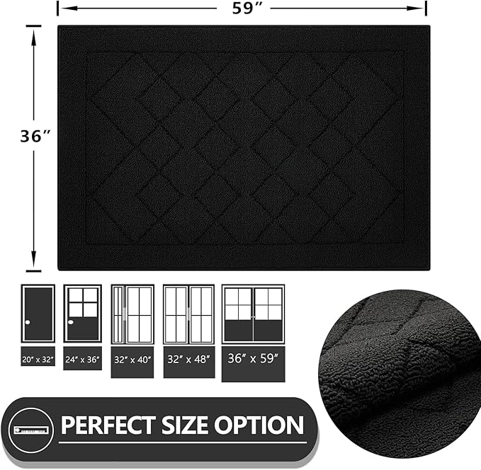 REFETONE Indoor Doormat, Front Back Door Mat 36"x60" Rubber Backing Non Slip Mats, Absorbent Washable Entrance Doormat for Entryway, Resist Dirt Low-Profile Inside Floor Mat for Muddy Shoes, Black