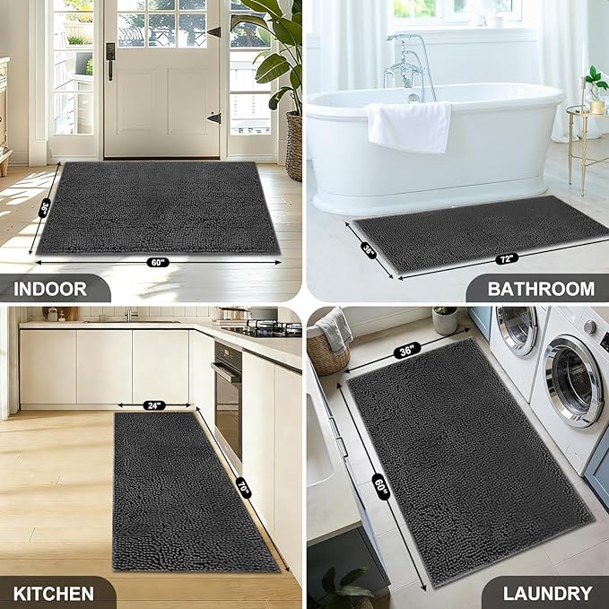 WAYNHUI Dog Door Mat for Muddy Paws 36"x 60" Large- Absorbent Dirt Trapper Quick Dry Non Slip Washable Chenille Mud Mat for Dogs, Front Door mat Indoor Entrance Pets Rug, Dark Grey (36"x 60")