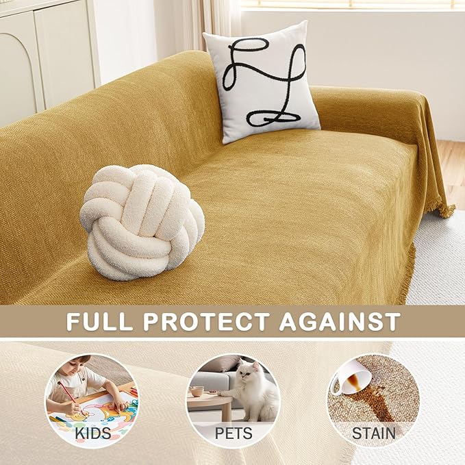 hyha Couch Cover for Dogs, Boho Sofa Covers for 3 Cushion Couch Washable, Chenille Sofa Slipcover for Pets, Soft Loveseat Sectional Couch Throw Blankets with Tassels (Yellow, 71x118 Inch)
