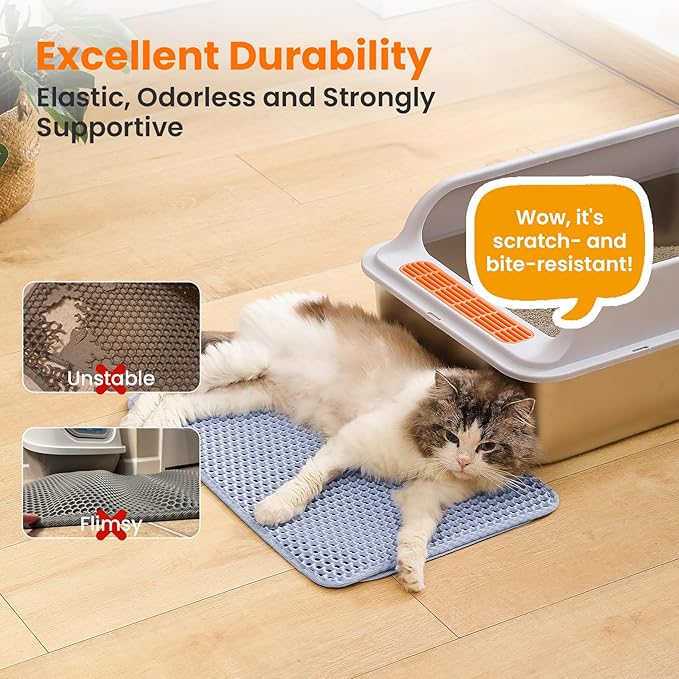 Small Cat Litter Mat, 20x14 Inches Double Layer Honeycomb Cat Litter Trapping Mat, Non Slip Waterproof Urine Proof Litter Box Mat for Floor, Kitty Litter Rug, Pet Supplies, Blue