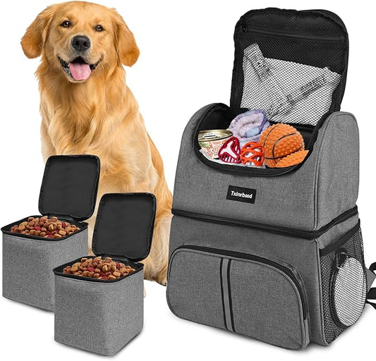 Txinrbaod Dog Bags for Traveling Pet Diaper Bag Airline Approved Dog Food Travel Bag with 2 Food Storage Containers Bag Pet Camping Essentials Hiking Accessories Gift Gray
