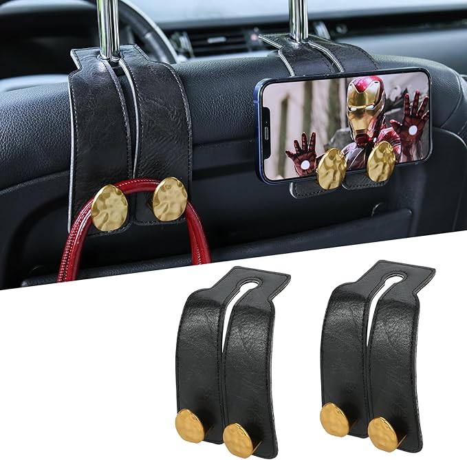 2PCS Leather Car Seat Hooks for Headrest, Vehicle Hanger Storage Organizer Universal for Handbag Purse, Car Accessories Gift (Black-Gold)