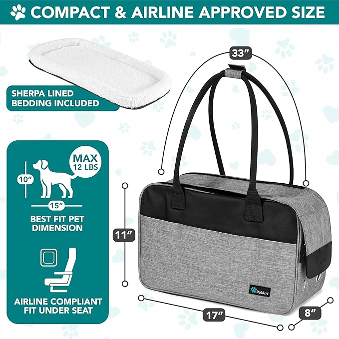 PetAmi Dog Purse Carrier for Small Dogs, Airline Approved Soft Sided Pet Carrier with Pockets, Ventilated Dog Carrying Bag for Puppy Cat, Dog Travel Supplies Bag, Sherpa Bed, Max 12 lbs, Gray