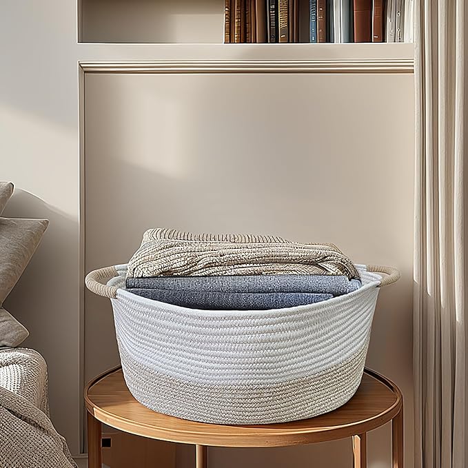 Medium Rope Basket with Handles, Medium Bohe Storage Basket, 17 "L x 12.5" W x 8.5 "H, Home Decor Organizer for Towels,toys, Books & Magazines