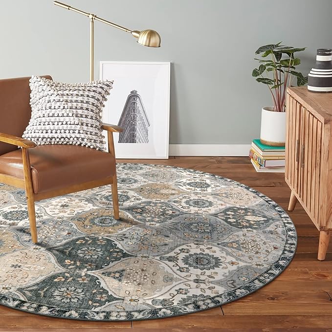 Lahome Moroccan Washable Round Area Rug, Soft Vintage Round Rugs 6ft for Dining Room Bedroom, Ultra-Thin Non-Slip Distress Large Circle Carpet for Living Room Nursery Elise, Grey