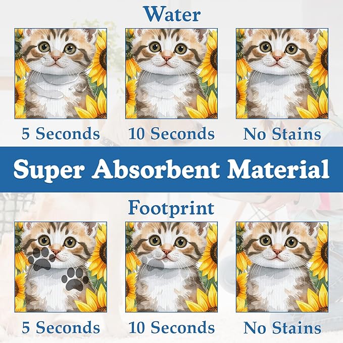 Cute Cat Sunflower Pet Feeding Mat for Floors–Christmas Stocking Absorbent Quick Dry Dog Cat Bowl Mat for Food and Water, Non Slip Waterproof Base, Mess-Free Feeding Accessories 16"x24"