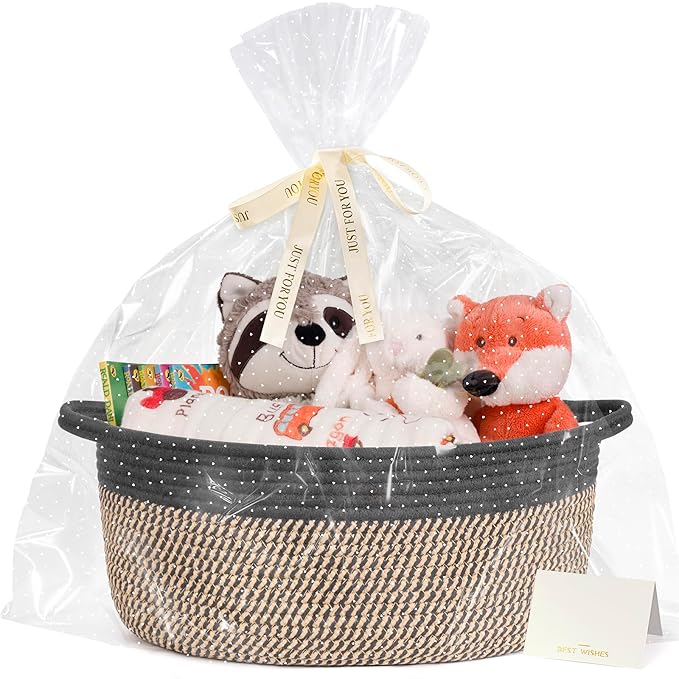 CHICVITA Gift Basket Empty, Small Basket with Gift Bags & Ribbon for Easter, Woven Baskets for Storage, Dog Toy Storage,13.6"x 10" x 6", Black & Jute