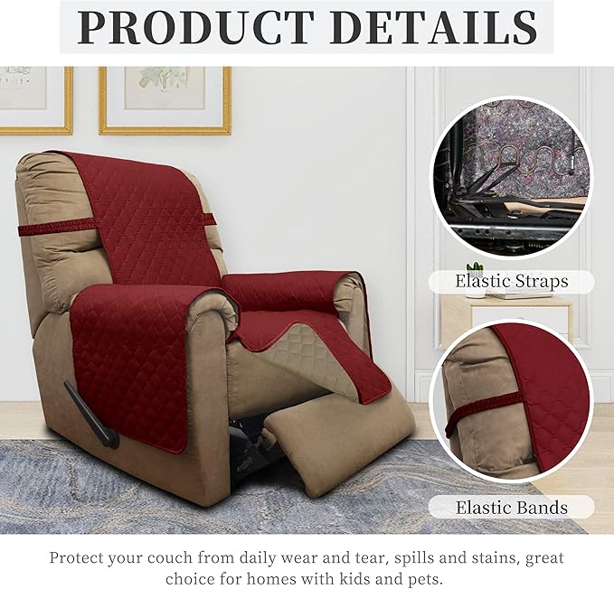 ISSUNTEX Double Protection 100% Waterproof Recliner Covers for Living Room, Reversible Furniture Protector Recliner Couch Sofa Slipcover for Dogs, Pets, Kids (Recliner, Christmas Red/Beige)