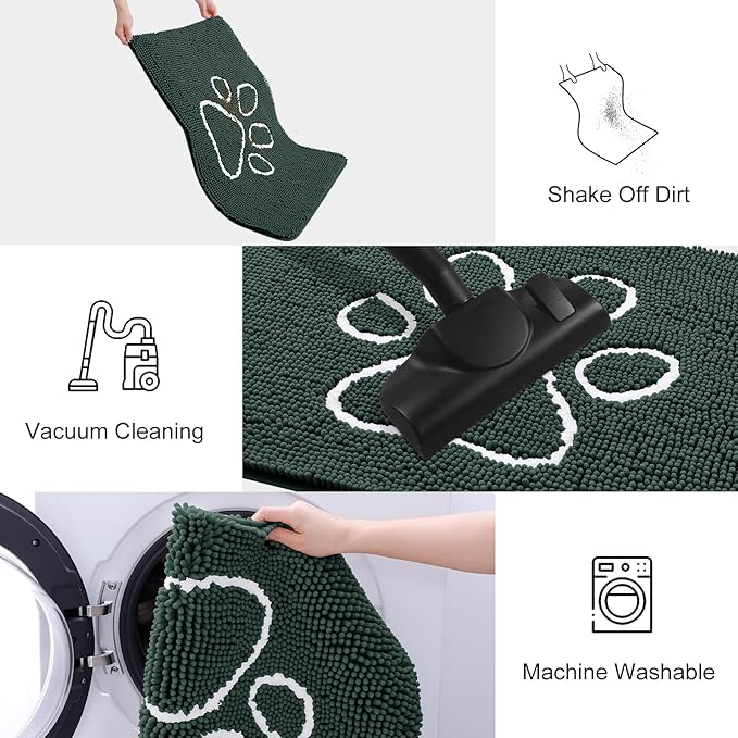 Smiry Dog Door Mat for Muddy Paws, Absorbent Dirt Trapper Non Slip Quick Dry Washable Chenille Mat for Mud Dogs, Entry Rug for Indoor and Outdoor (24x16 Inches, Green and White)