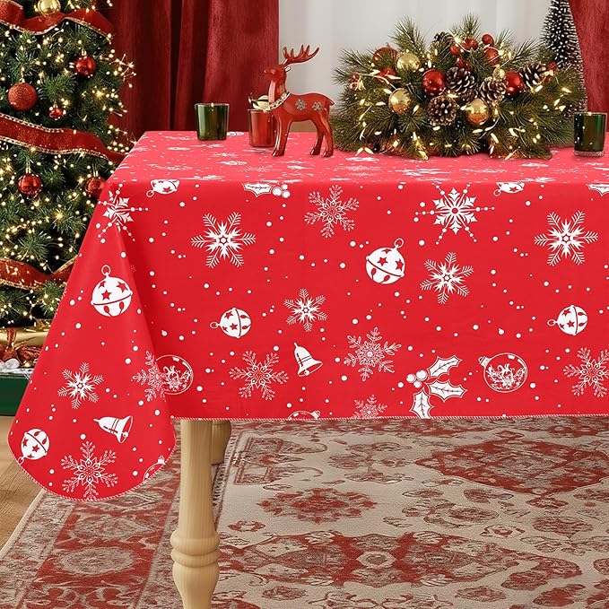 misaya Rectangle Waterproof Vinyl Table Cloth, Wipeable Tablecloth with Flannel Backing, Plastic Table Cover for Dinner, Christmas Party (Bells, 60" x 120")