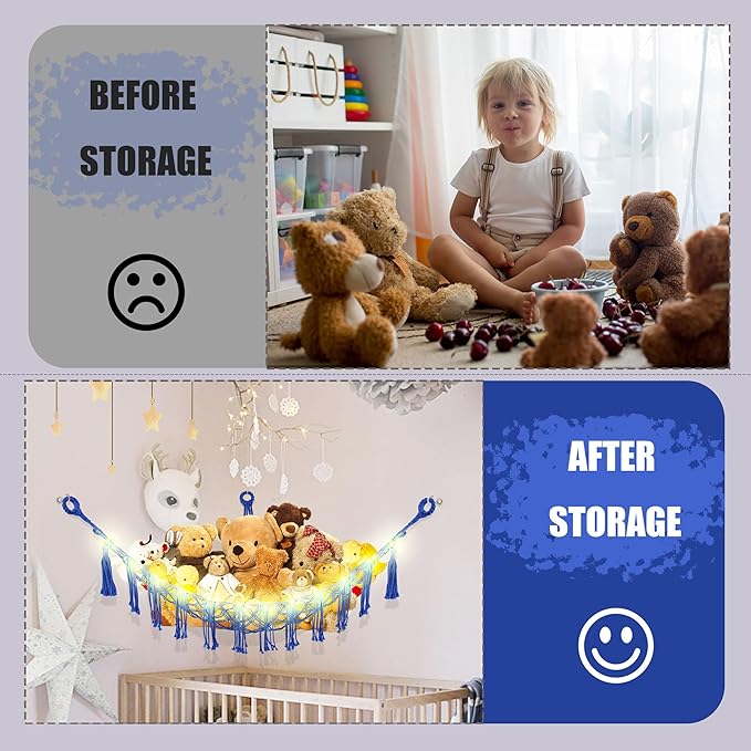 CERETIA Stuffed Animal Hammock with LED Light, Large Stuffed Animals Storage Corner Plushie Net for Kids Room Decor, 2 Packs Royal Blue