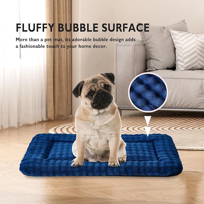 Dog Bed Mat Crate Pad for Medium Dogs, Washable Soft Pet Sleeping Mat Kennel Pad with 3D Bubble Pattern, Navy Blue, 30"x 19"