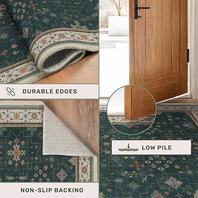 Vintage 2x7 Washable Runner Rug Non Slip for Kitchen, Bathroom, Hallway - Low Pile Stain Resistant 7ft Long Runner Rugs - Victorian Eclectic Floral Pastel Home Decor (2x7 Dark Green)
