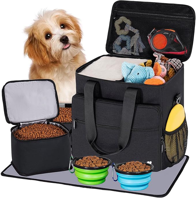 Dog Travel Bag, Large Pet Travel Set with Multi-Function Pockets, 2 Food Storage Containers, 2 Collapsible Bowls, 1 Feeding Mat for Pet Supplies, Road Trip Essentials, Weekend Camping (Black)