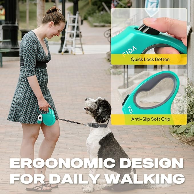 Fida Retractable Dog Leash with Dispenser and Poop Bags, 16 ft Pet Walking Leash for Medium Dog or Cat up to 44 lbs, Anti-Slip Handle, Tangle-Free, Reflective Nylon Tape (M, Teel)