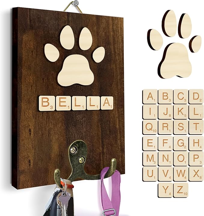 VINARTSVN Dog Leash Holder Wall Mount, Pet Harness Hanger with Scrabble Letters, Dog Collar Organizer for Entryway, Memorial Cat Leash Holder for Wall, Pet Loss Gifts, Keepsake, Home Decor PF212-W